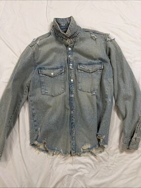 Zara Distressed Light Blue Denim Jacket - Casual Men's Button-Up